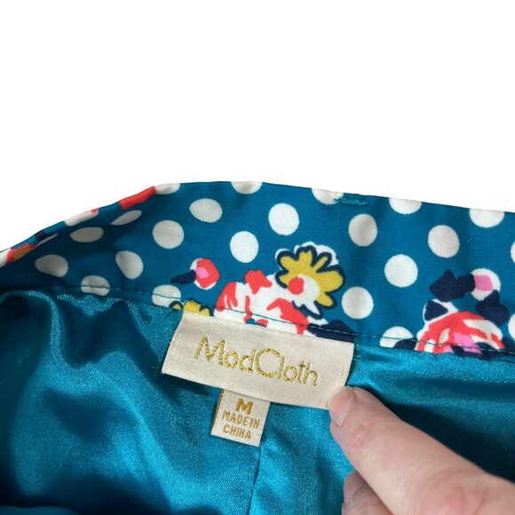 Modcloth skirt women's M tael blue white polka dot floral A line back zip - Picture 2 of 7